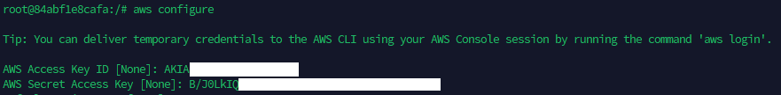 Running aws configure on the engine host — entering AWS Access Key ID and Secret Access Key