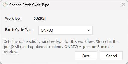 The Change Batch Cycle Type dialog for workflow S32RSI — a Batch Cycle Type dropdown (ONREQ selected) with Save and Cancel buttons, and helper text: "Sets the data-validity window type for this workflow. Stored in the job (XML) and applied at runtime."