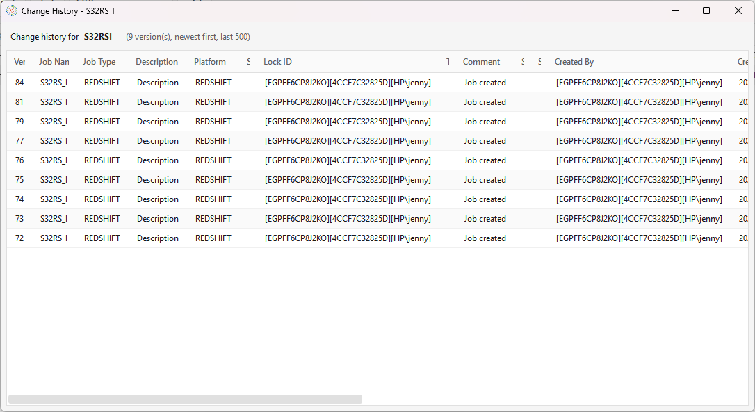 The Change History window for job S32RS_I — a read-only grid of saved versions (newest first, "9 version(s), newest first, last 500"), with columns for Version, Job Name, Job Type, Description, Platform, Lock ID, Comment, and Created By