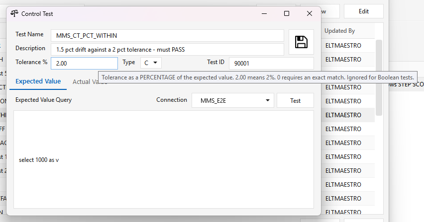 Control Test editor for MMS_CT_PCT_WITHIN: Tolerance % field holding 2.00, Type C, and the tooltip text explaining the percentage rule