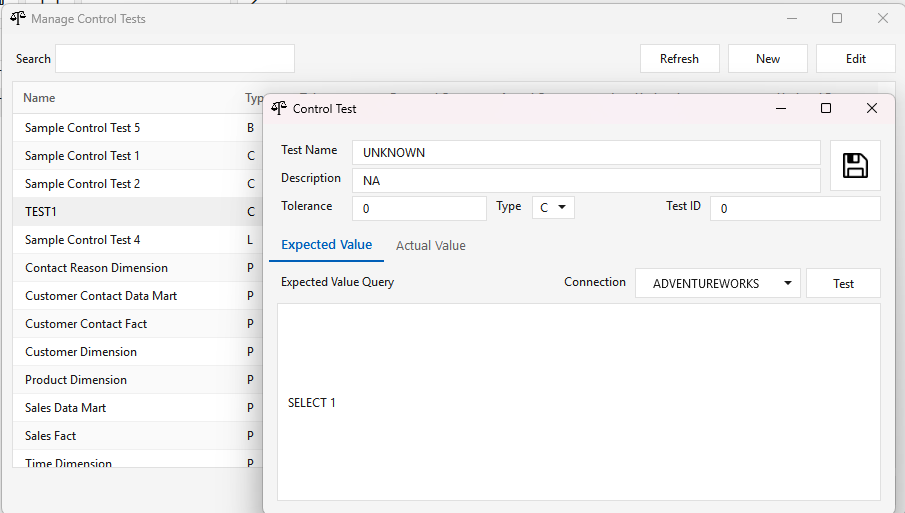 The Control Test editor window β Test Name, Description, Tolerance, Type (C), and Test ID fields, with Expected Value / Actual Value tabs; the Expected Value tab shows a Connection dropdown (ADVENTUREWORKS), a query box (SELECT 1), and a Test button, plus a Save icon