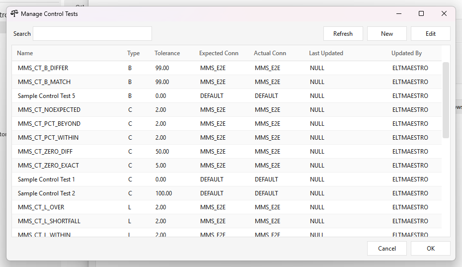 Manage Control Tests window listing tests with their Type and Tolerance columns: B rows with 99.00, C rows with 2.00 / 5.00 / 50.00 / 100.00, L rows with 2.00