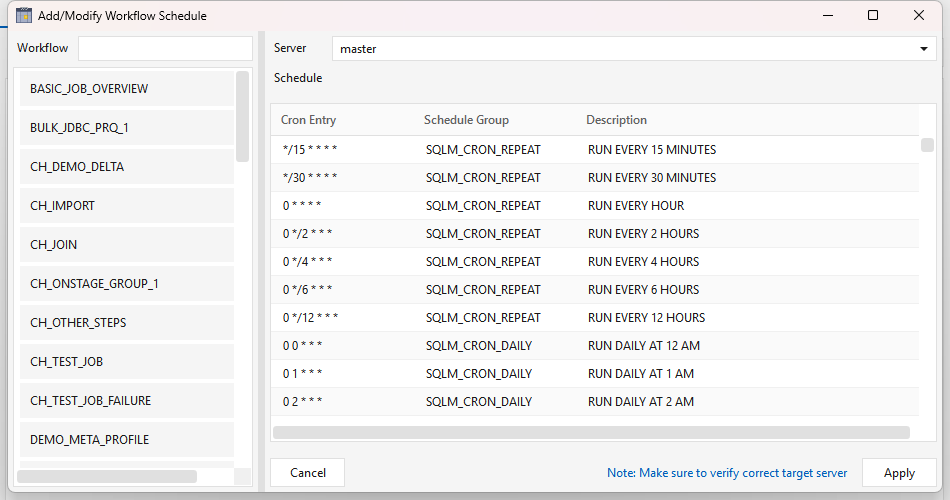 The Add/Modify Workflow Schedule dialog — a searchable list of deployed workflows on the left, a Server picker (master) top-right, and a Schedule grid of the available cron calendars (Cron Entry, Schedule Group, Description) such as SQLM_CRON_REPEAT "*/15 * * * * — RUN EVERY 15 MINUTES" and SQLM_CRON_DAILY "0 0 * * * — RUN DAILY AT 12 AM", with Cancel and Apply below