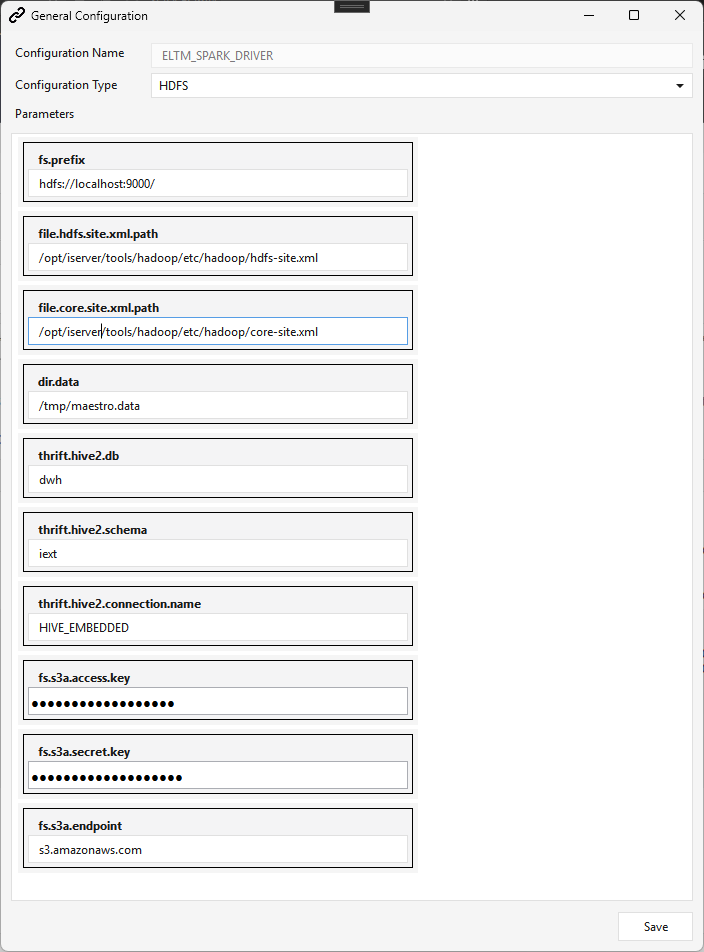 General Configuration editor — HDFS connection ELTM_SPARK_DRIVER with fs.prefix, actual hdfs/core-site paths, Hive thrift db/schema/connection, and S3A keys