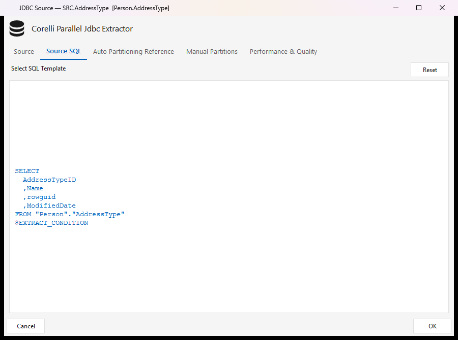 JDBC Source — Source SQL tab