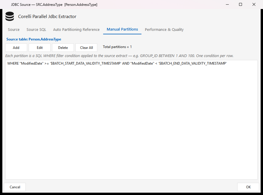 The watermark predicate on the Manual Partitions tab