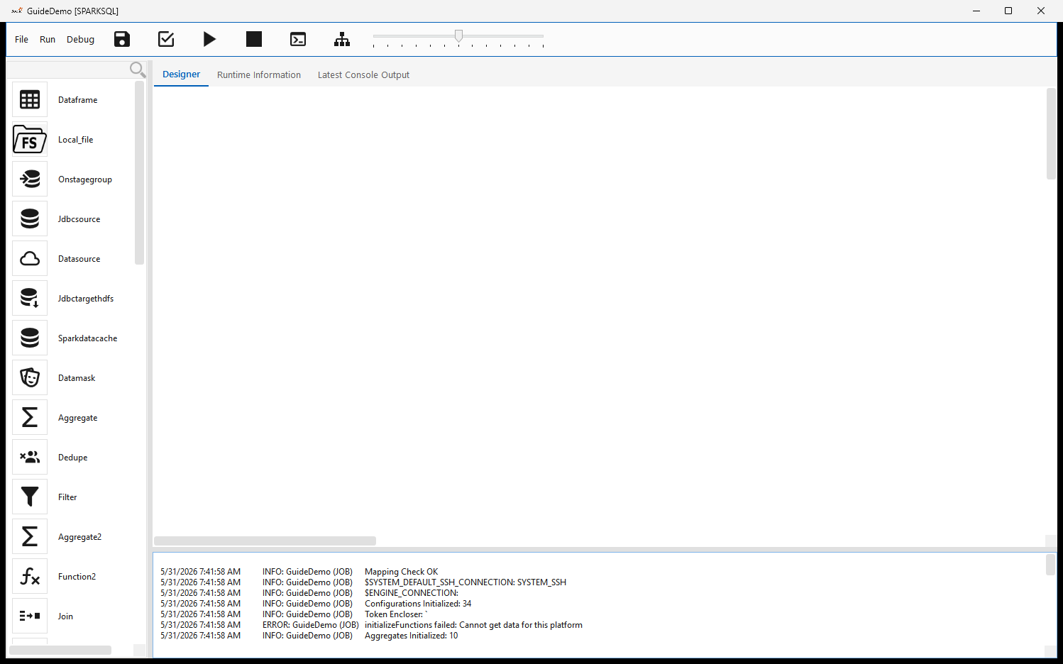 The Job editor for a SPARKSQL job — title bar showing the job type in brackets, the toolbar (Save / Check / Run / Stop / Runtime CLI / Lineage + zoom), the searchable step palette down the left, the empty Designer canvas, and the initialization log in the message pane