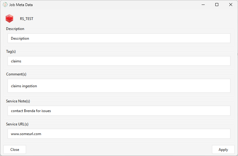 Job Metadata editor (opened from the gear icon) for job RS_TEST — Description, Tag(s), Comment(s), Service Note(s), Service URL(s)
