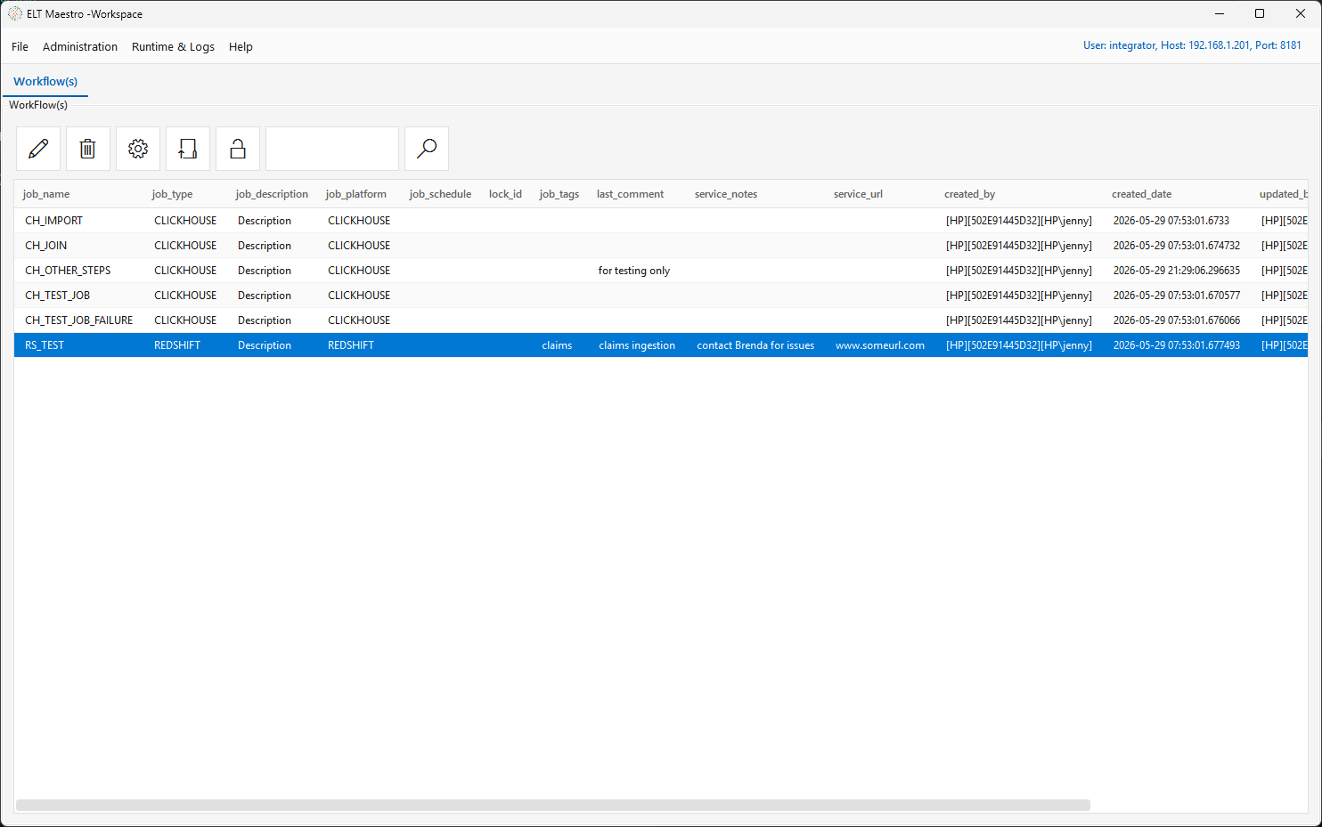 Main-window Workflow(s) list showing the RS_TEST row with its tags, comment, service notes, and service URL populated