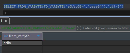 DBeaver running SELECT FROM_VARBYTE(TO_VARBYTE('aGVsbG8=','base64'),'utf-8') against Redshift, returning a single from_varbyte column with the value "hello"