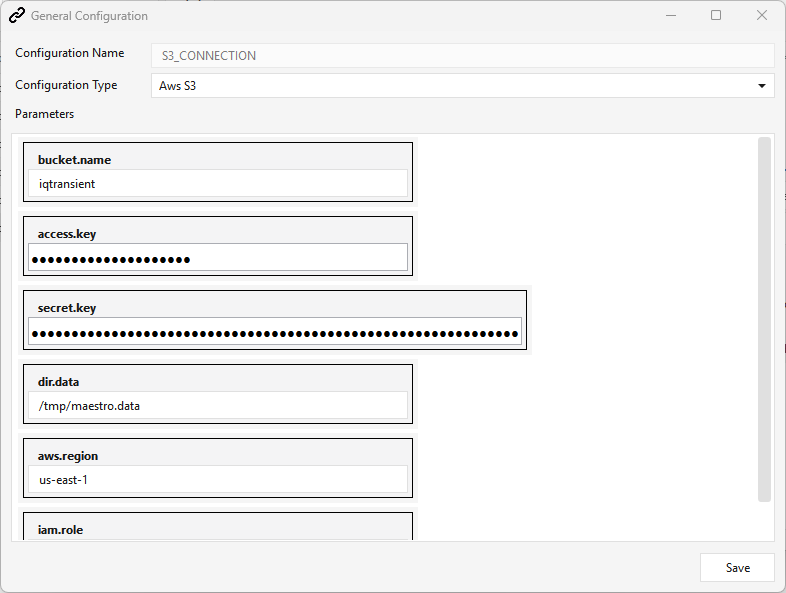 S3 connection editor — Configuration Name S3_CONNECTION, Type Aws S3, with bucket.name/access.key/secret.key/dir.data/aws.region/iam.role parameters