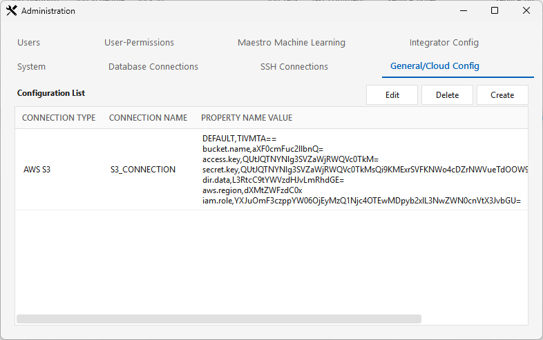 Administration General/Cloud Config list showing the S3_CONNECTION entry of type AWS S3