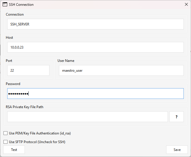The SSH Connection editor — Connection name, Host, Port, and User Name fields, a masked Password, an RSA Private Key File Path box with a ? help button, the Use PEM/Key File Authentication and Use SFTP Protocol checkboxes, and Test / Save buttons
