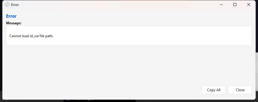 The "Cannot load id_rsa file path" error dialog shown when the Maestro server's user has no ~/.ssh/id_rsa key file