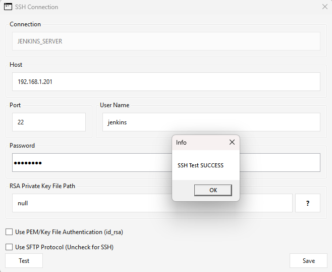 The SSH Connection editor for jenkins@192.168.1.201 with the RSA Private Key File Path set to "null" and an "SSH Test SUCCESS" confirmation — for a password connection the key path must hold a sentinel, not be left blank