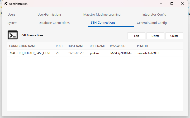 The Administration window's SSH Connections tab — Edit / Delete / Create buttons above a grid of SSH connections with columns Connection Name, Port, Host Name, User Name, Password (encrypted), and PEM File