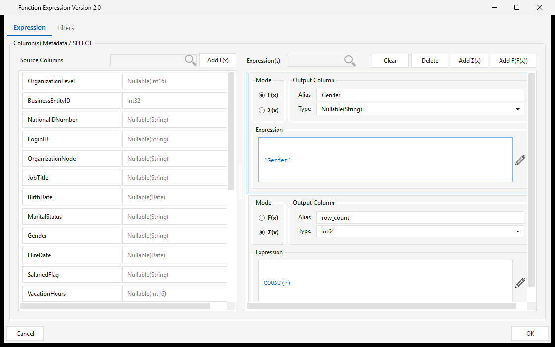 Function2 / Aggregate2 — the Function Expression editor: source columns plus scalar F(x) and aggregate Σ(x) output columns with alias/type/expression