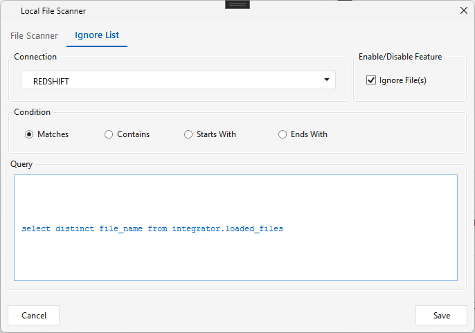 File Scanner — Ignore List tab: a connection + query of loaded files, diffed against the scan