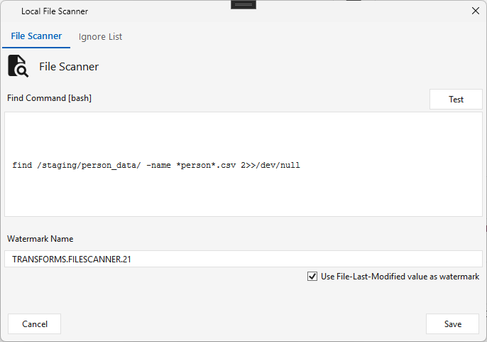 File Scanner — the bash find command, watermark name, and use-last-modified-as-watermark