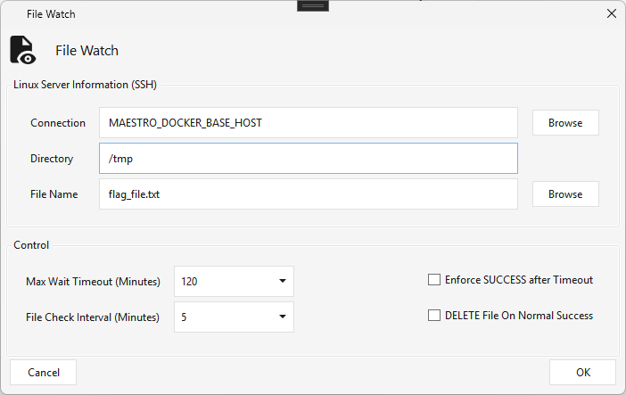 File Watch — SSH connection, directory, file name, timeout + check interval