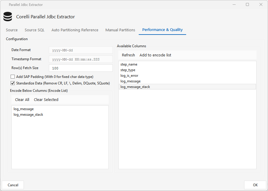 Jdbcsource — Performance & Quality tab: formats, Standardize Data, and the base64 Encode column list