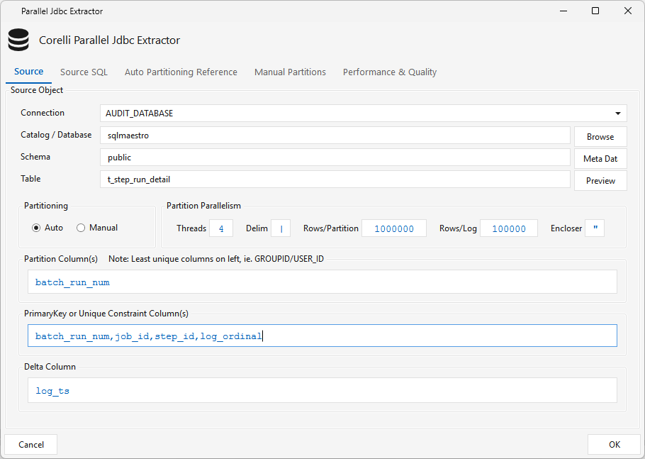 Jdbcsource — Source tab (Auto partitioning): connection, partition columns, key columns, and the Delta Column for incremental loads