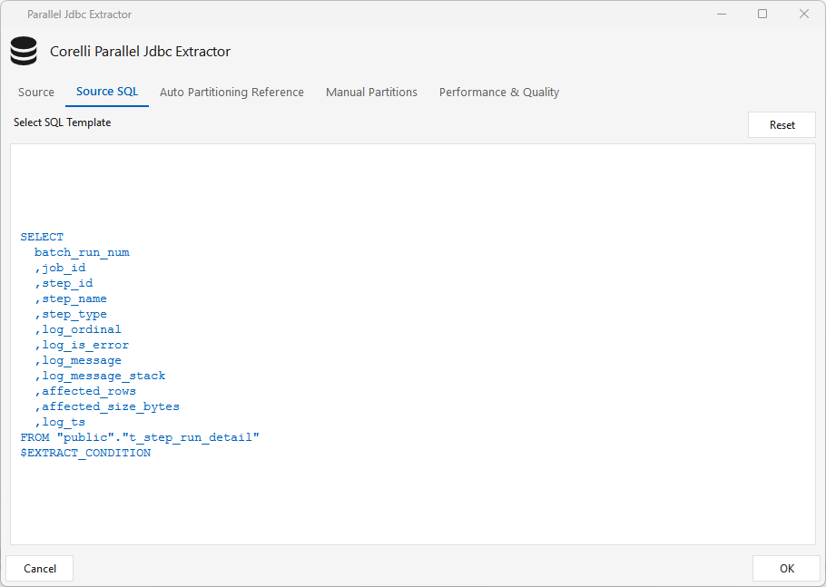 Jdbcsource — Source SQL tab showing the generated SELECT with the $EXTRACT_CONDITION placeholder