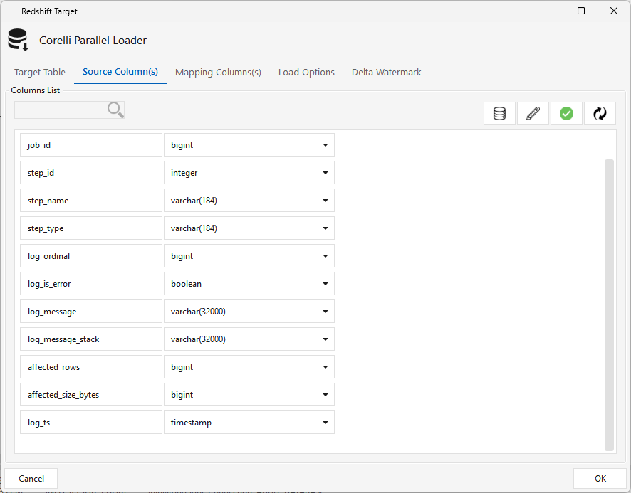 Jdbc Target Redshift — Source Column(s) tab with Refresh and the pencil data-type editor