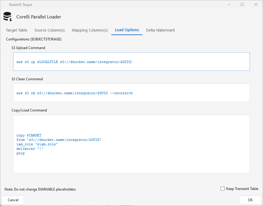 Jdbc Target Redshift — Load Options tab: S3 upload / clean / copy-load commands