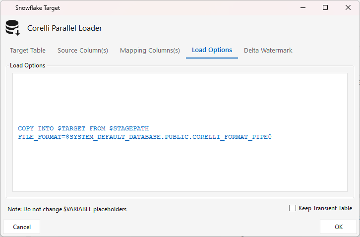 Jdbc Target Snowflake β Load Options tab: the COPY INTO command with CORELLI_FORMAT_PIPE0
