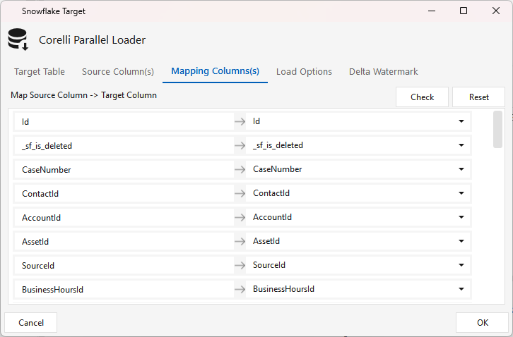 Jdbc Target Snowflake β Mapping Columns(s) tab: sourceβtarget column mapping with Check / Reset