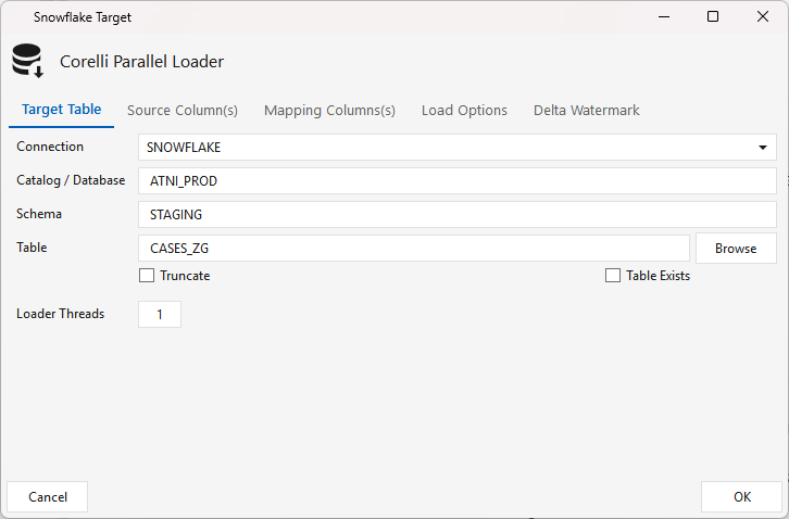 Jdbc Target Snowflake β Target Table tab: connection, catalog/schema/table, Truncate, Table Exists, Loader Threads