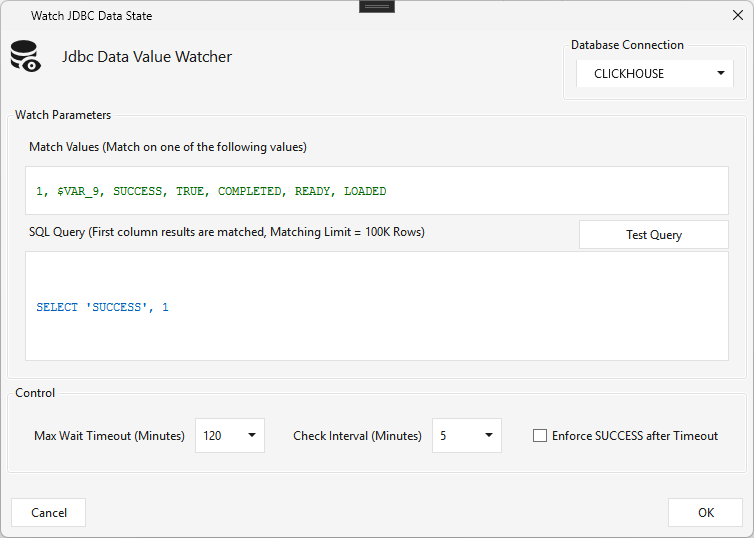 Jdbc Watch — database connection, match values, SQL query, timeout + check interval