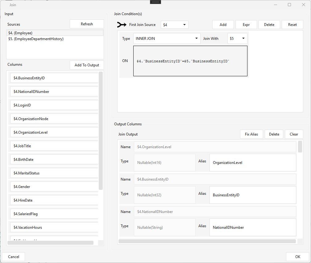 Join — input sources by $N alias, an INNER JOIN ON $4.BusinessEntityID = $5.BusinessEntityID, and aliased output columns