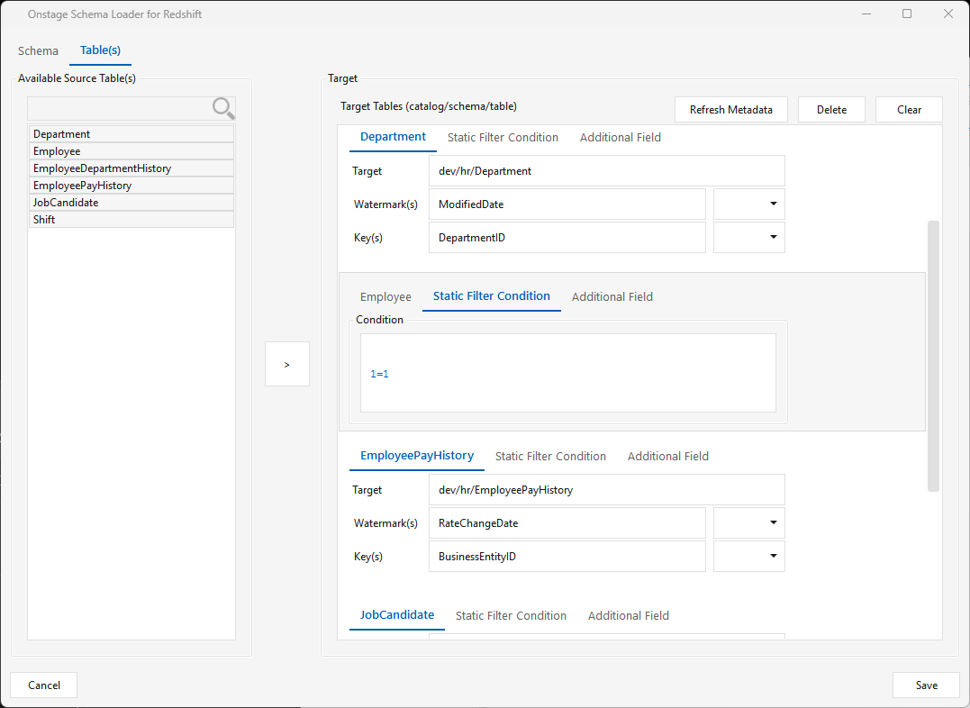 Onstagegroup — Static Filter Condition tab for a table (1=1 forces a full load)