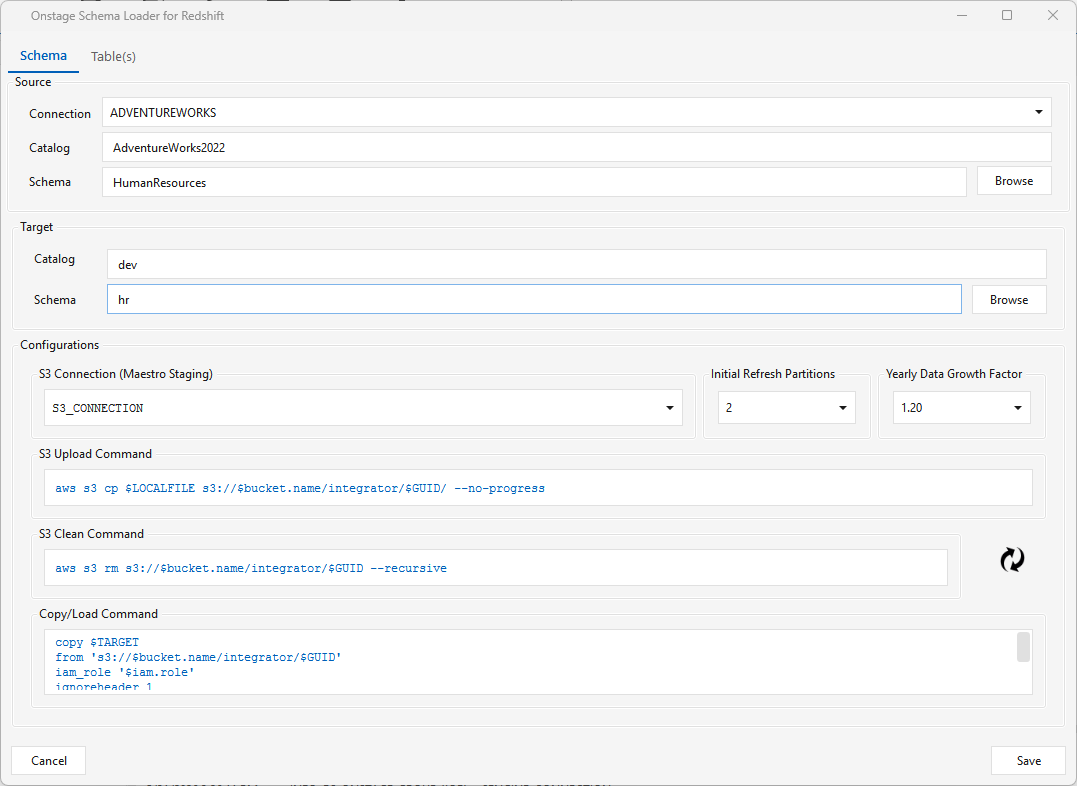 Onstagegroup — Schema tab (Redshift): source & target schema plus S3 staging configuration