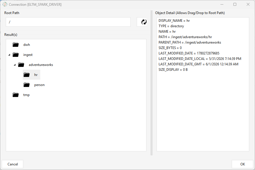 Browse — picking the target HDFS folder from the Spark driver connection tree