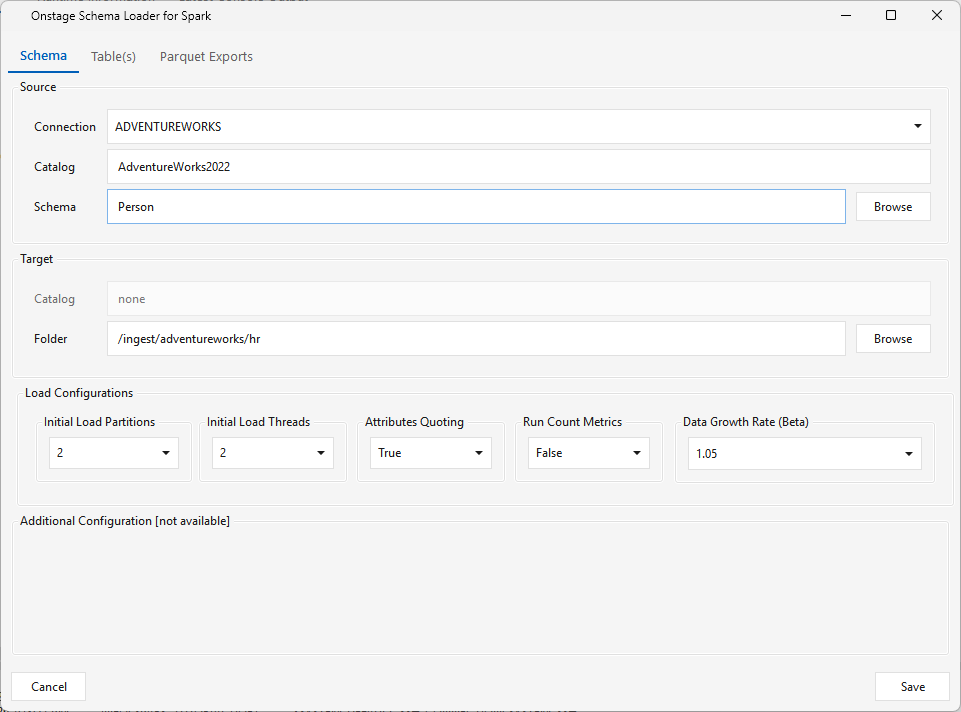Onstage Schema Loader for Spark — Schema tab: Source schema + HDFS Folder target + Load Configurations