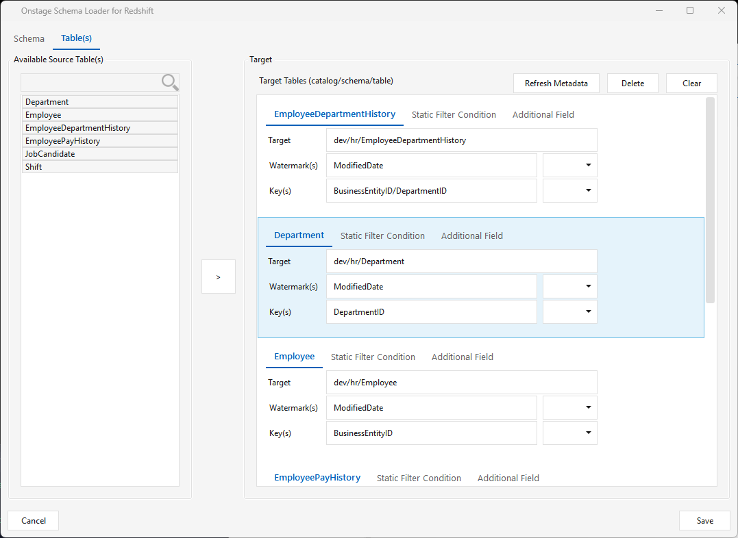 Onstagegroup — Table(s) tab: source tables added to targets, each with Watermark(s) and Key(s)