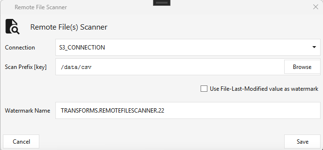 Remote File Scanner — S3 connection, scan prefix, and last-modified watermark