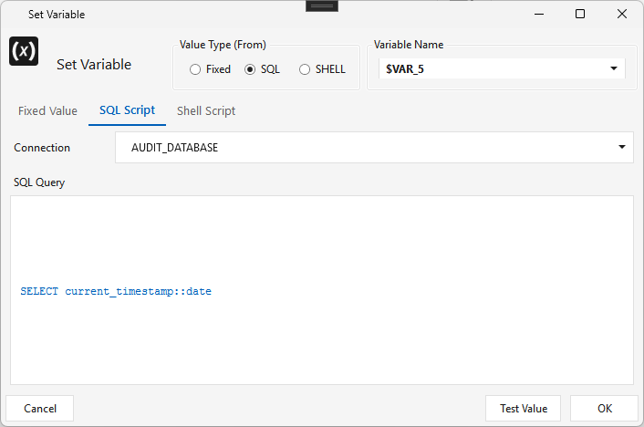 Set Variable — SQL mode setting $VAR_5 to SELECT current_timestamp::date