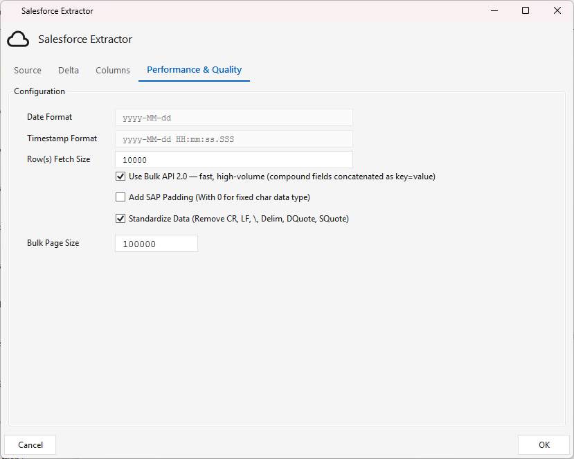 SFSOURCE β Performance & Quality tab: Use Bulk API 2.0, Standardize Data, Bulk Page Size, and the fetch/format fields
