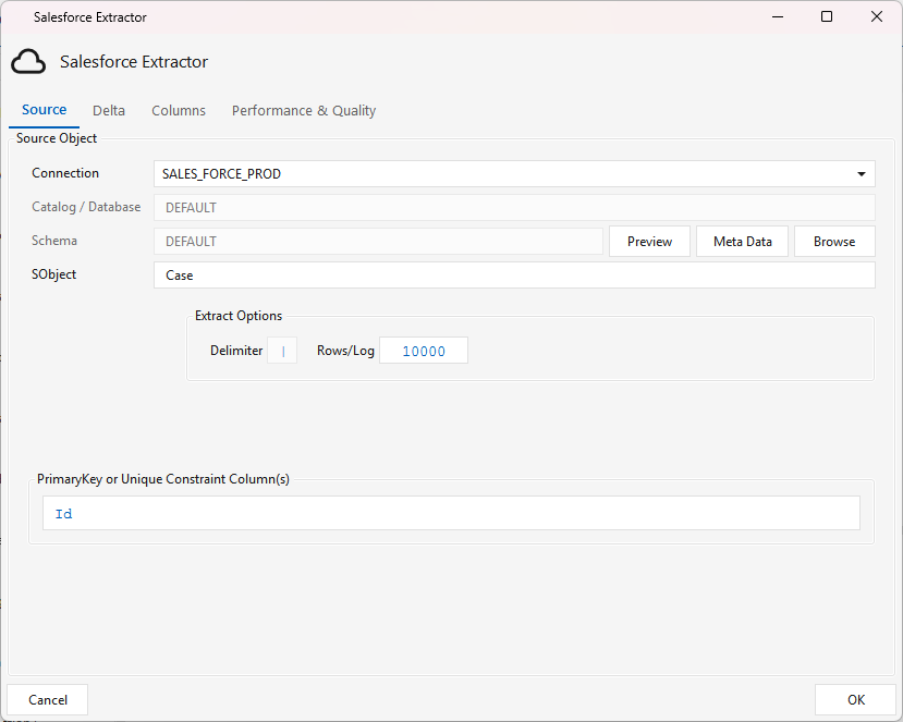 SFSOURCE β Source tab: Salesforce connection, the SObject (Case), the key column, and Extract Options