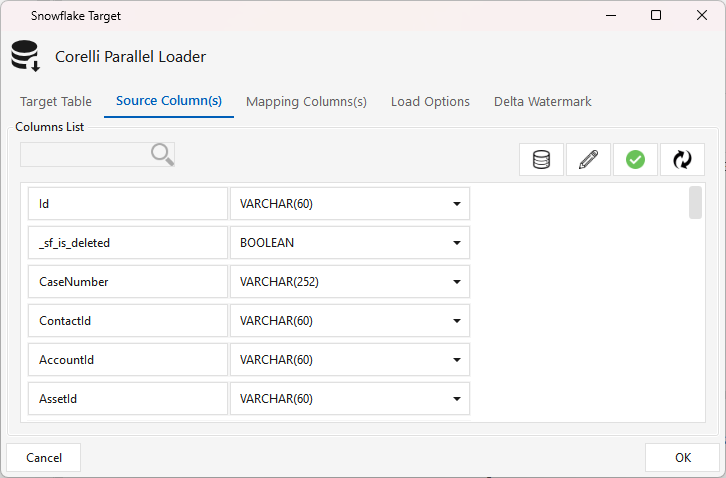 The downstream Snowflake target's Source Column(s) tab, showing _sf_is_deleted typed as BOOLEAN next to Id