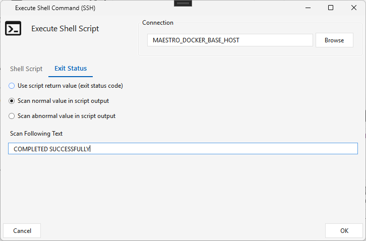 Ssh — Exit Status tab: scan the script output for a normal-success string