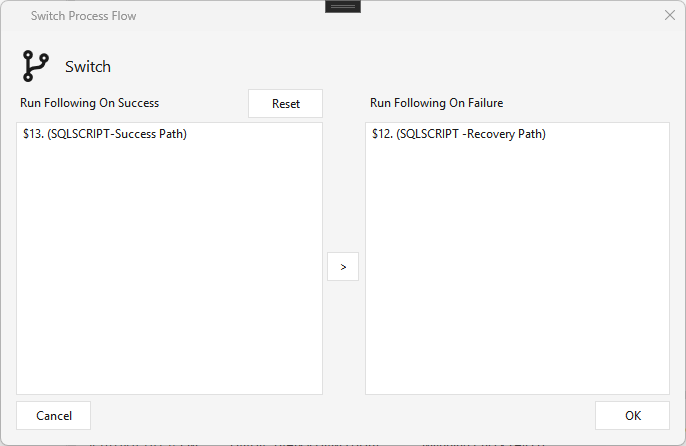 Switch — Run Following On Success vs Run Following On Failure (recovery) path lists