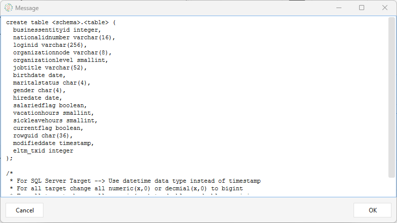 DDL Template — a CREATE TABLE preview of the incoming columns, used to build the target table