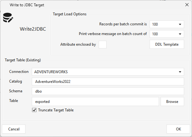 Write to JDBC Target — batch options, DDL Template, and the existing target-table selection