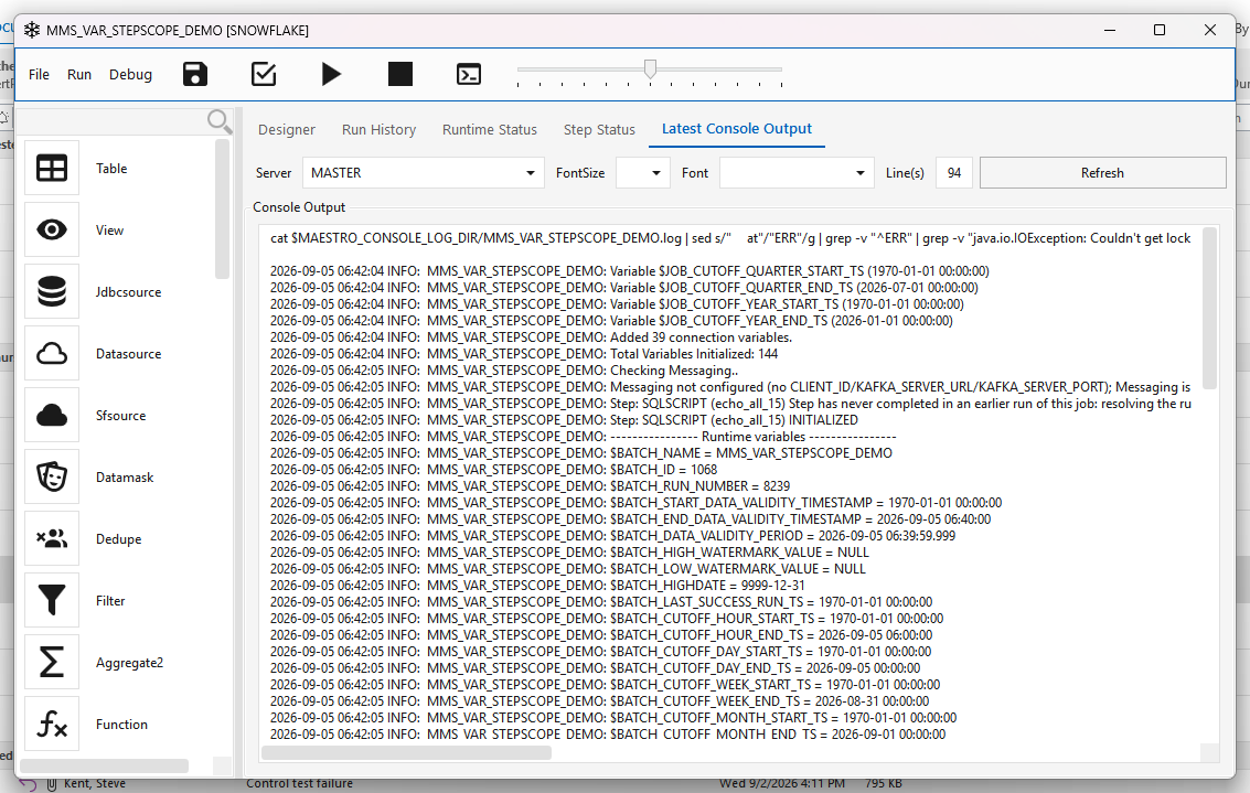 Console output: "Step has never completed in an earlier run of this job: resolving the run-history variables to their FIRST-RUN values…", followed by INITIALIZED and a Runtime variables block in which $BATCH_START_DATA_VALIDITY_TIMESTAMP and every $BATCH_CUTOFF_*_START_TS read 1970-01-01 00:00:00