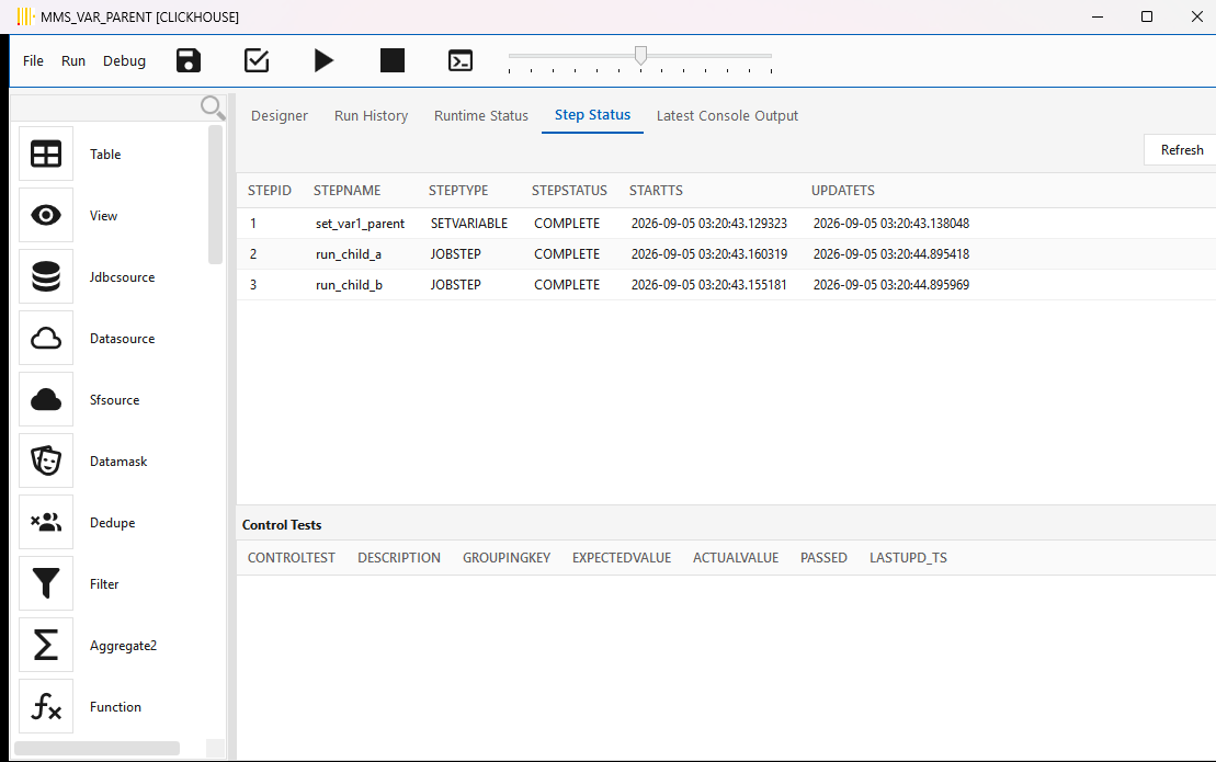Step Status grid after the change: three rows, set_var1_parent, run_child_a, run_child_b